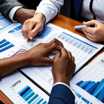 A diverse group of people collaborating around a large table covered in budget documents and charts, illustrating the teamwork involved in the municipal budget process. The atmosphere should convey engagement and determination.