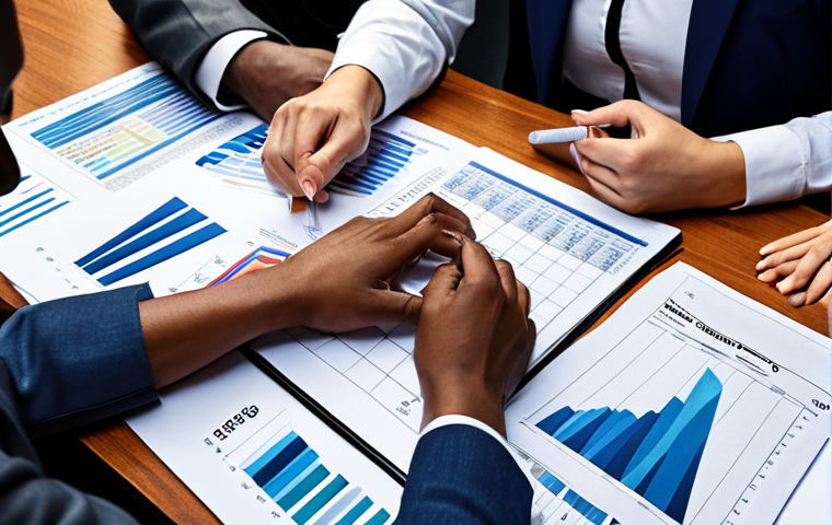 A diverse group of people collaborating around a large table covered in budget documents and charts, illustrating the teamwork involved in the municipal budget process. The atmosphere should convey engagement and determination.