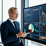 A highly experienced financial specialist, fully clothed in a modest, professional business suit, stands in a modern, light-filled office. The specialist, with correct proportions and perfect anatomy, is looking thoughtfully at a large digital screen displaying complex financial charts and data, with a clear, focused expression. Through a large window, a glimpse of a clean, well-organized Swedish town with contemporary Scandinavian architecture can be seen, symbolizing local connection. Well-formed hands are visible, resting near a tablet. The overall image should be professional, appropriate content, safe for work, with natural pose and proper finger count, promoting a sense of calm expertise and strategic analysis of local economic trends.