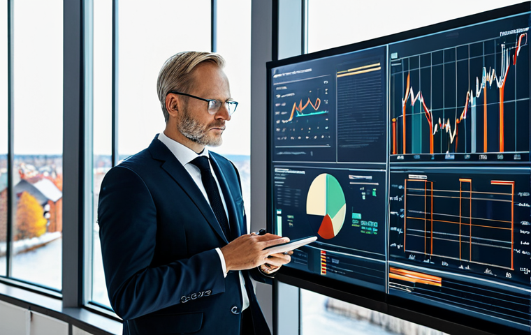 A highly experienced financial specialist, fully clothed in a modest, professional business suit, stands in a modern, light-filled office. The specialist, with correct proportions and perfect anatomy, is looking thoughtfully at a large digital screen displaying complex financial charts and data, with a clear, focused expression. Through a large window, a glimpse of a clean, well-organized Swedish town with contemporary Scandinavian architecture can be seen, symbolizing local connection. Well-formed hands are visible, resting near a tablet. The overall image should be professional, appropriate content, safe for work, with natural pose and proper finger count, promoting a sense of calm expertise and strategic analysis of local economic trends.